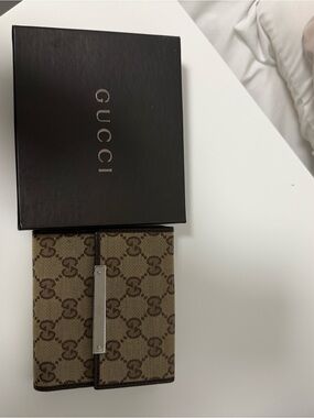 Gucci Beige & Brown Monogram Canvas Card Holder with Silver Plate